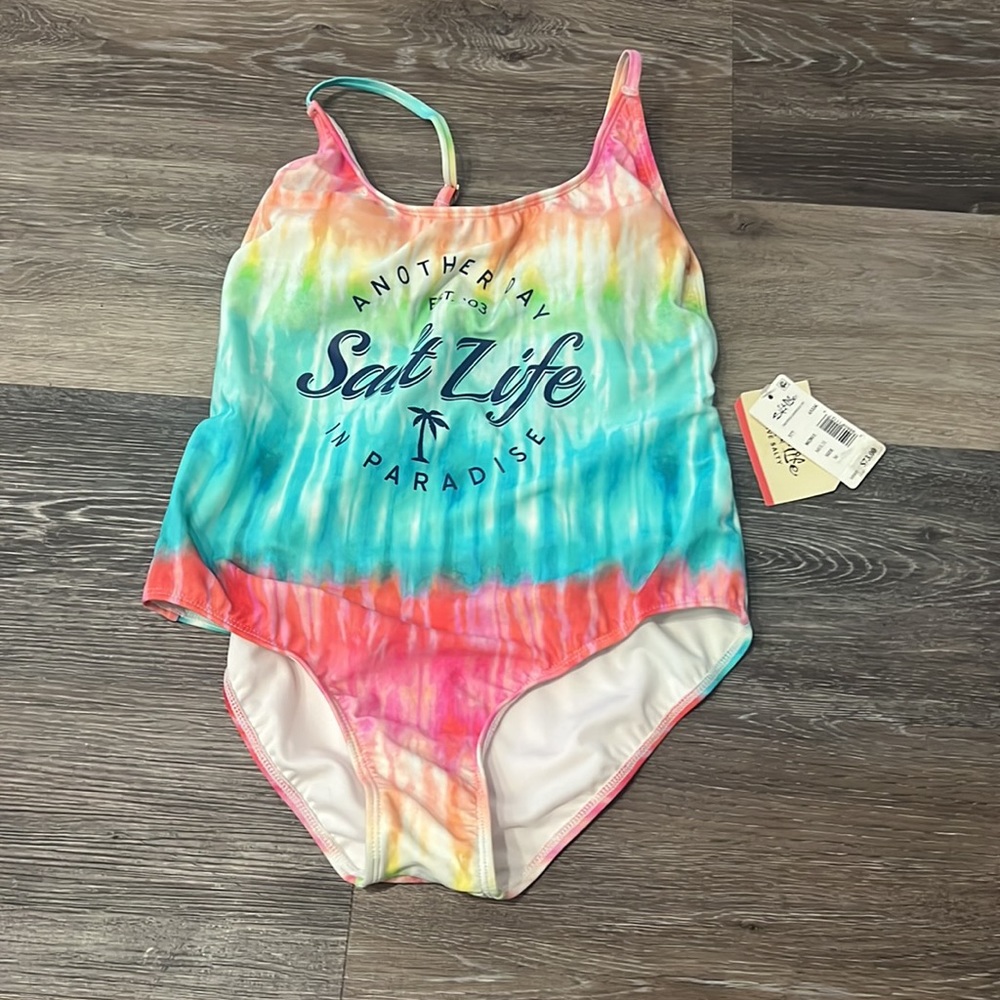 NWT Salt Life logo neon tie dye multicolor swimsuit one piece womens M - Picture 2 of 8